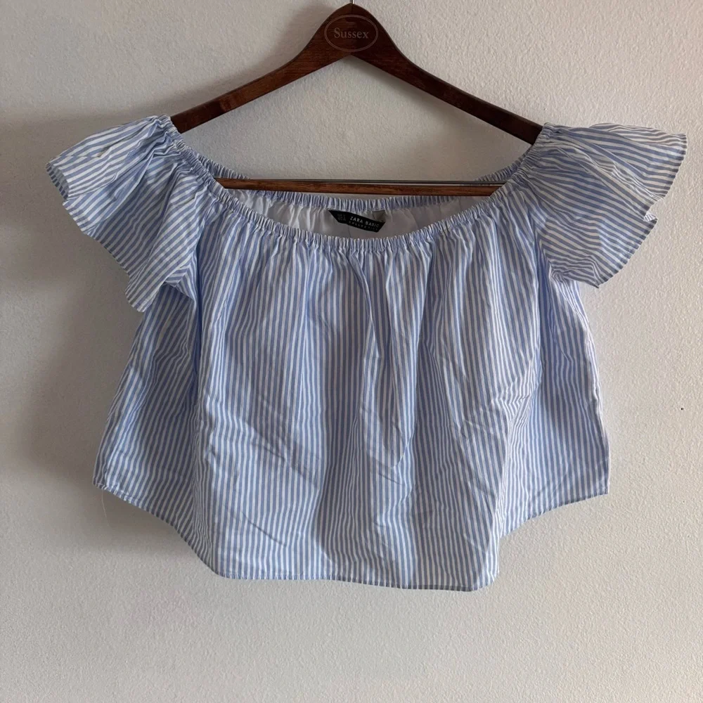 Zara Basics Collection Cropped Top Blue & White Striped Size Sm Nautical Beachy